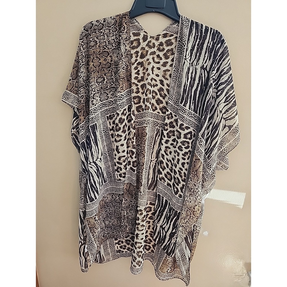 Exotic Animal Print Sheer Kimono Jessica McClintock Beach Cover-up Rhinestones